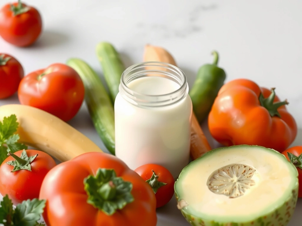 Świeże warzywa i owoce wokół jogurtu